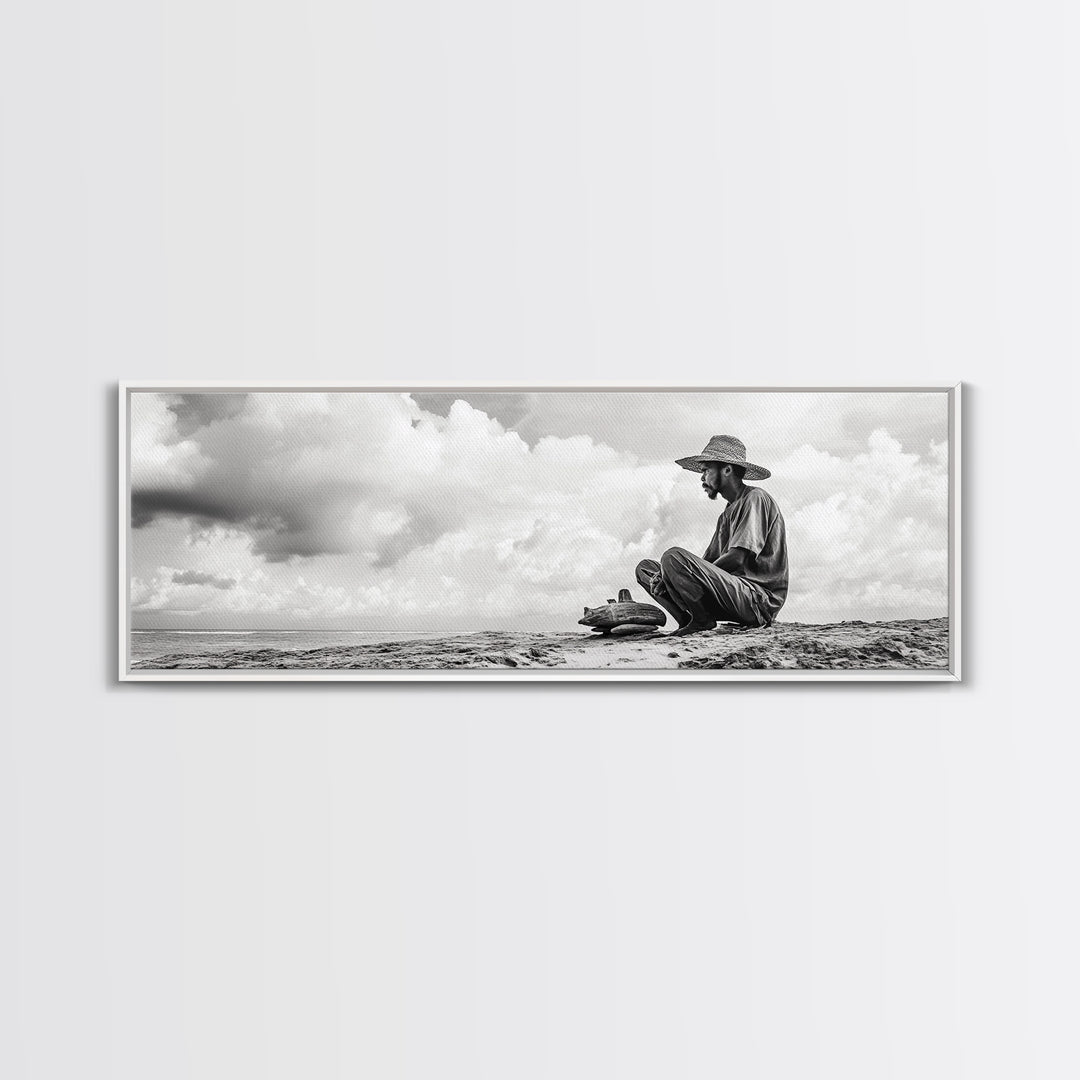 Man On Beach, Wabi Sabi Art, Framed Canvas Print, Coastal Landscape Art, Moody Art, Rustic Decor, Above Sofa Art, Minimalist Wall Art