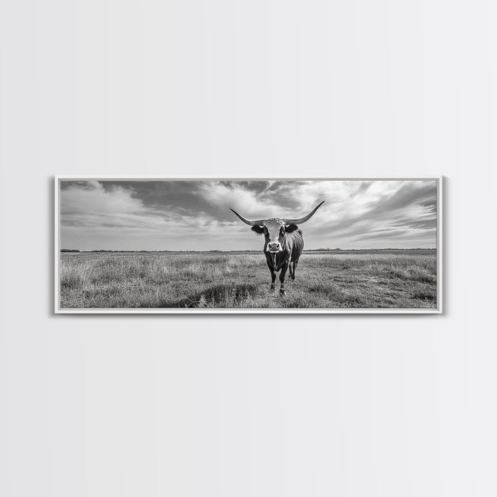 Texas Longhorn, Rustic Wall Art, Canvas Print, Farmhouse Art, Western Decor, Above Bed Art, Extra Wide Art, Moody Black And White Art