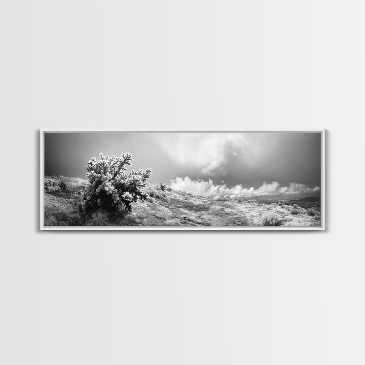 Desert Cactus, Southwest Wall Art, Canvas Print, Joshua Tree Art, Rustic Decor, Extra Wide Art, Moody Black And White Art, Above Sofa Art