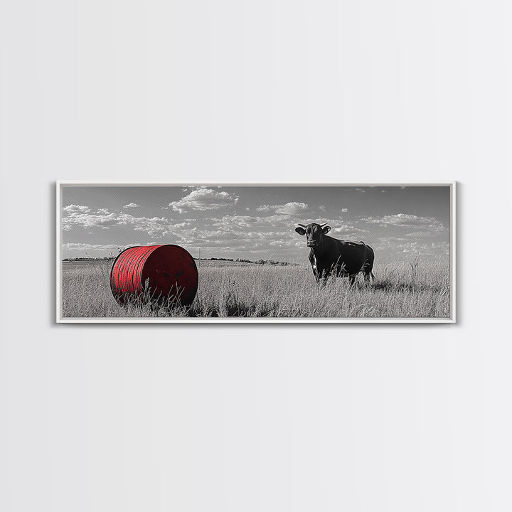 Black Cow, Farmhouse Art, Rustic Decor, Western Wall Art, Long Narrow Wall Art, Moody Art, Extra Wide Art, Framed Canvas Print