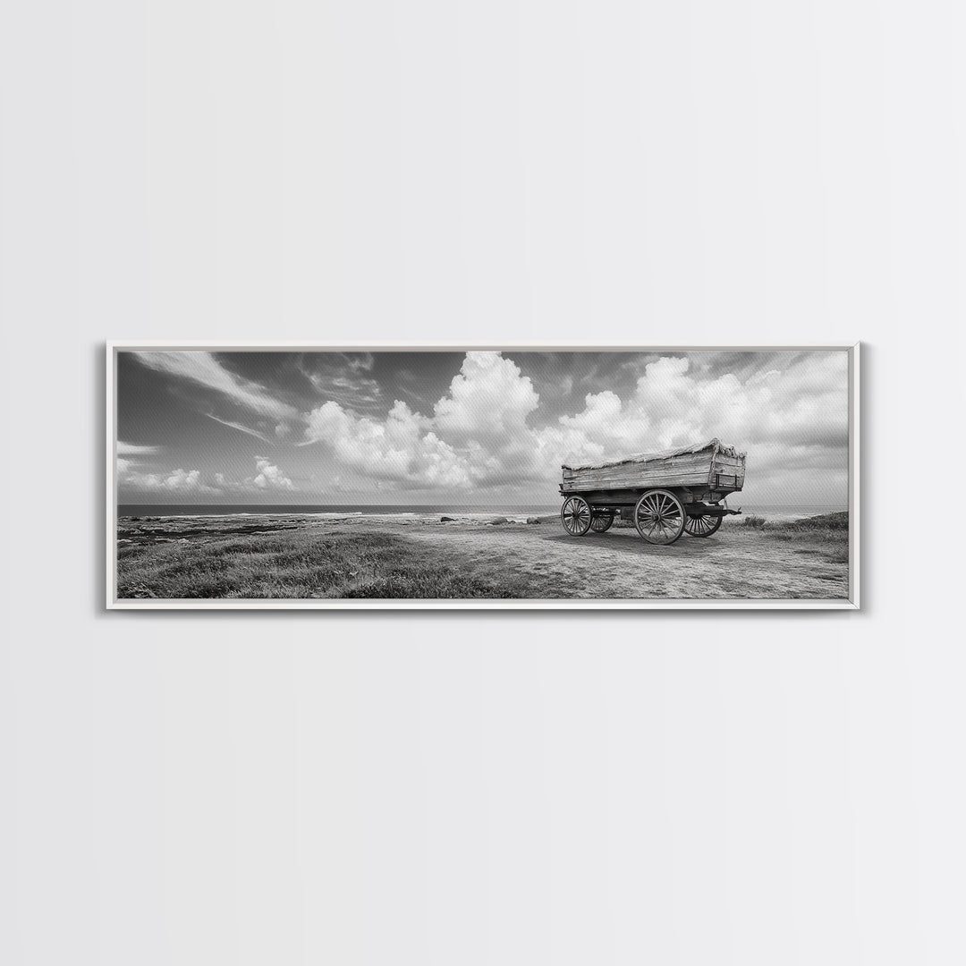 Rustic Wagon, coastal landscape art, extra wide art, panoramic painting, farmhouse art, framed canvas print, nautical wall art