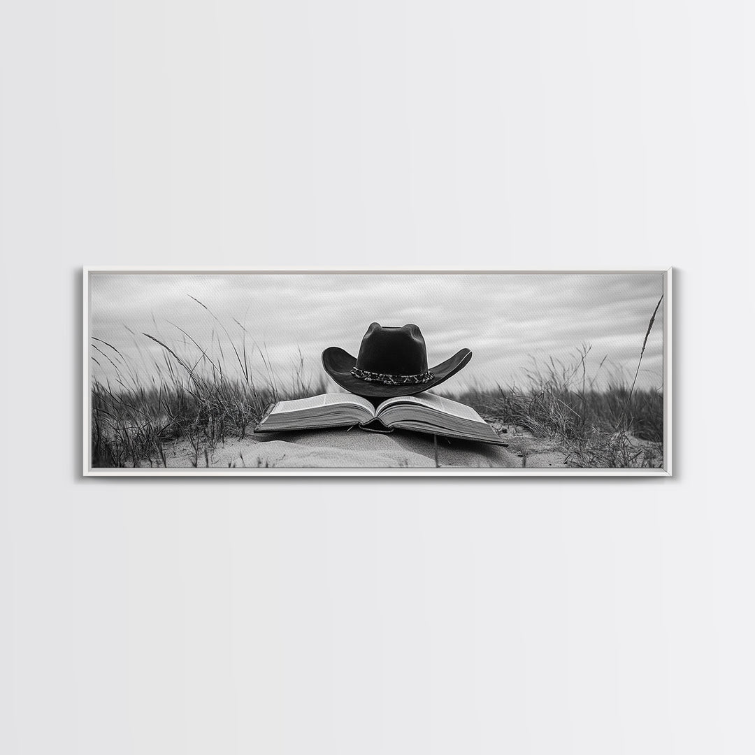 Cowboy Hat, wabi sabi art, rustic decor, farmhouse art, moody art, extra wide art, coastal wall art, framed canvas print, boho art