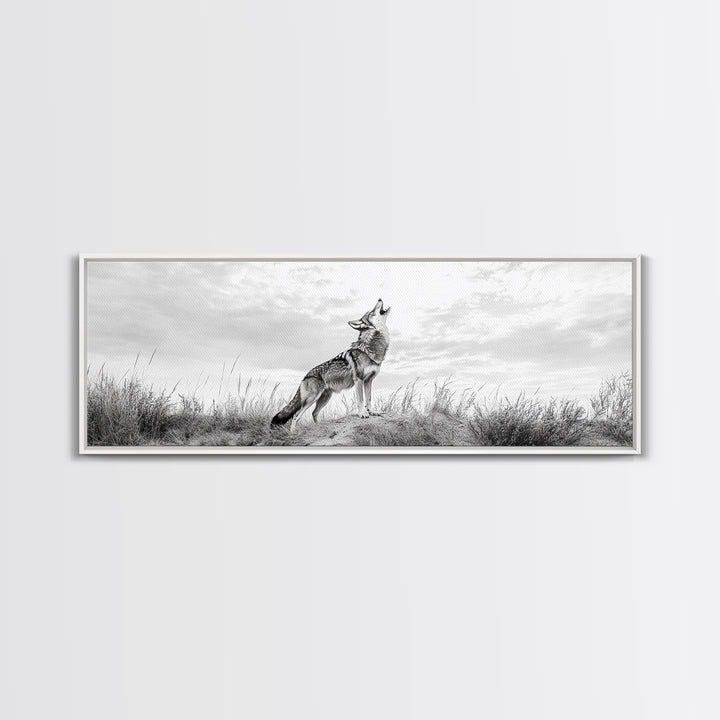 Lone Coyote, southwest wall art, wabi sabi art, extra wide art, moody art, landscape painting, framed canvas print, panoramic art