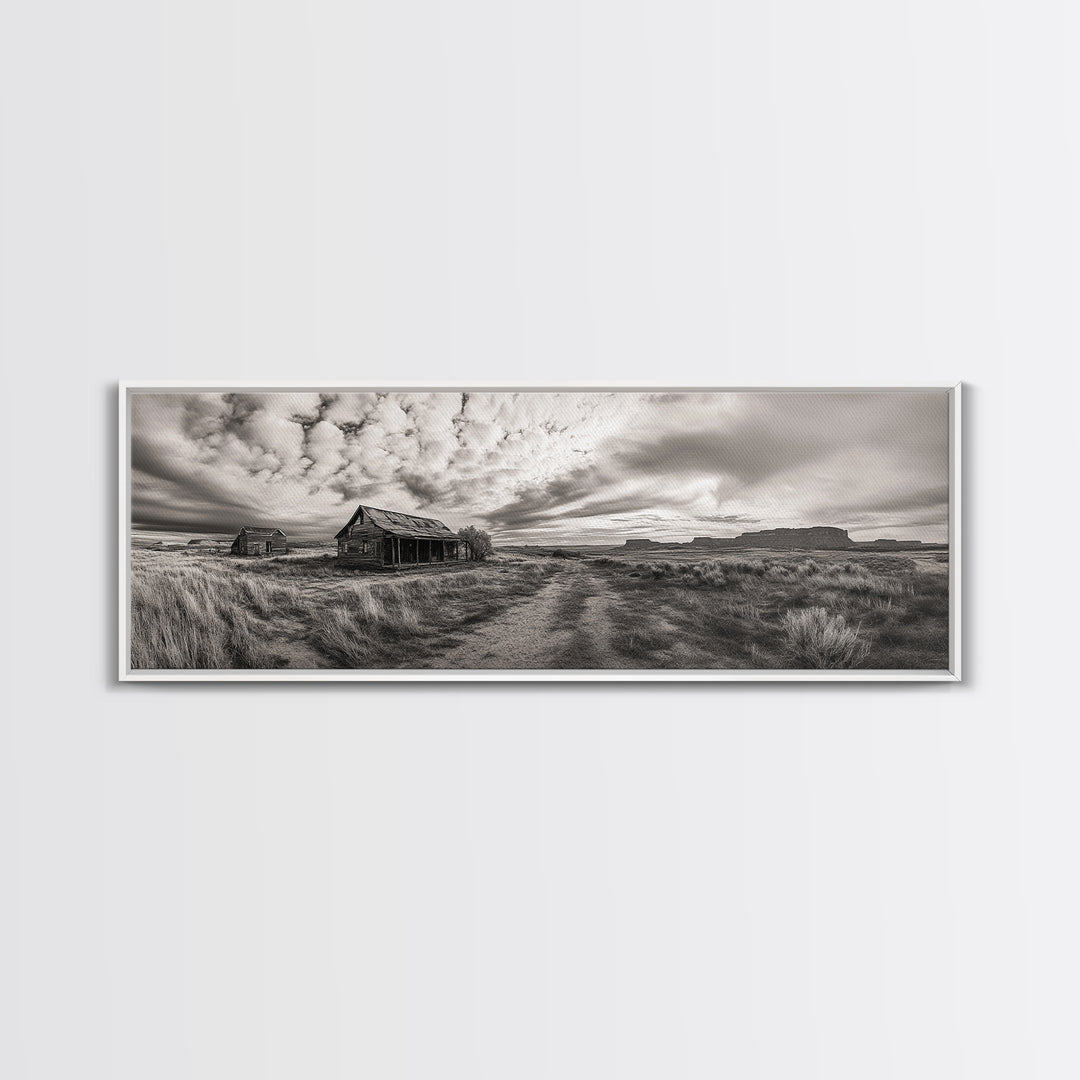 Abandoned cabin, western landscape, rustic wall art, panoramic art, extra wide art, southwest wall art, framed canvas print, farmhouse decor