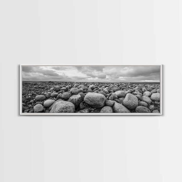Rocky terrain, minimalist art, wabi sabi art, panoramic art, extra wide art, landscape painting, framed canvas print, moody art, rustic decor