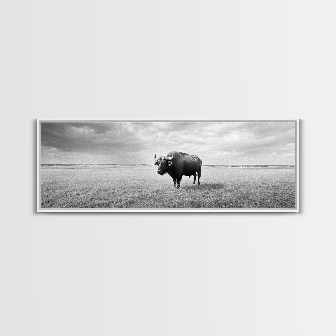Lone buffalo, western landscape, rustic wall art, panoramic art, extra wide art, farmhouse decor, framed canvas print, wildlife painting, bull and bear art