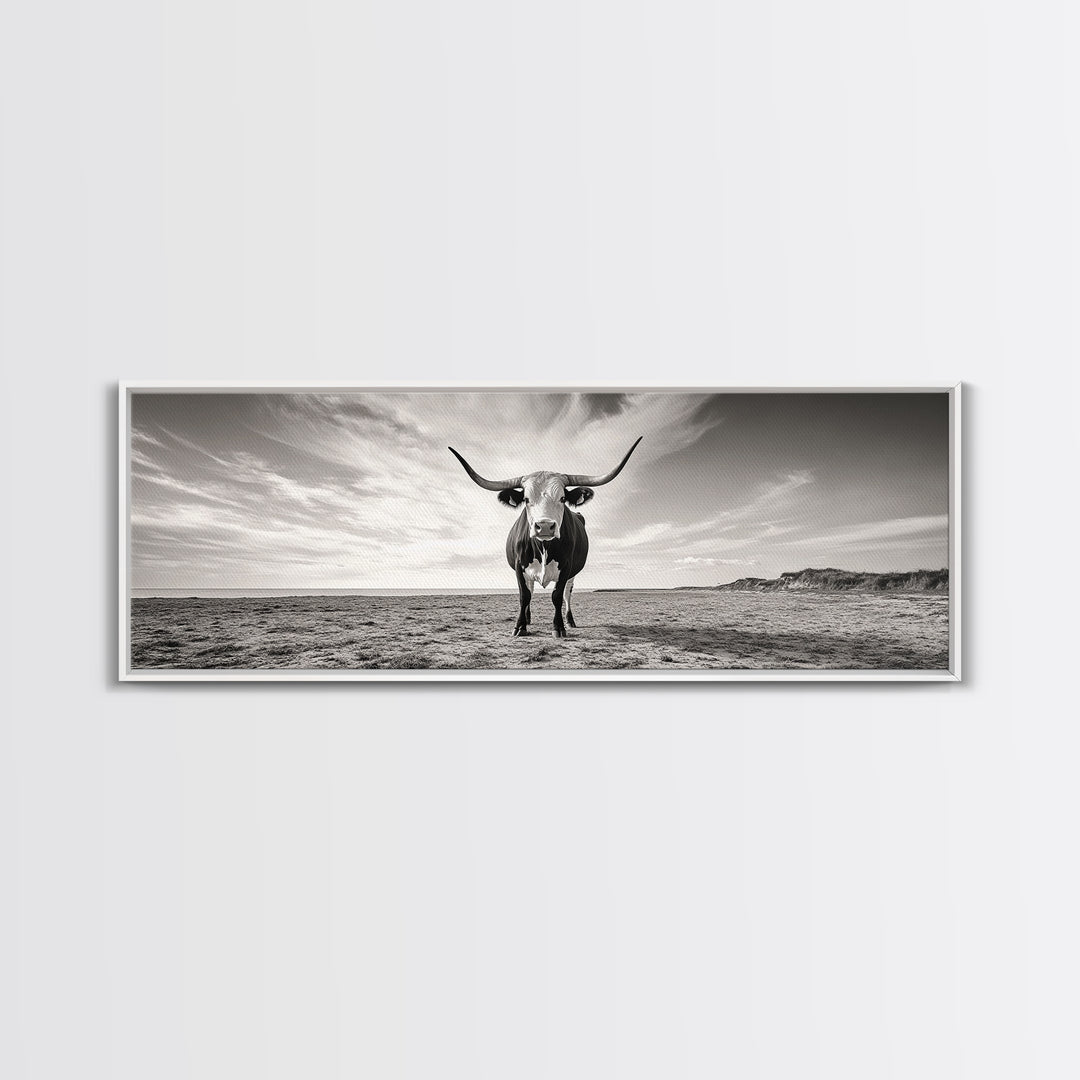Longhorn, western landscape, bull and bear art, panoramic art, extra wide art, rustic wall art, framed canvas print, farmhouse decor, moody art