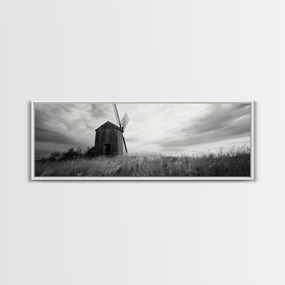 Rustic Windmill, panoramic art, farmhouse art, extra wide wall art, windmill wall art, landscape painting, framed canvas print