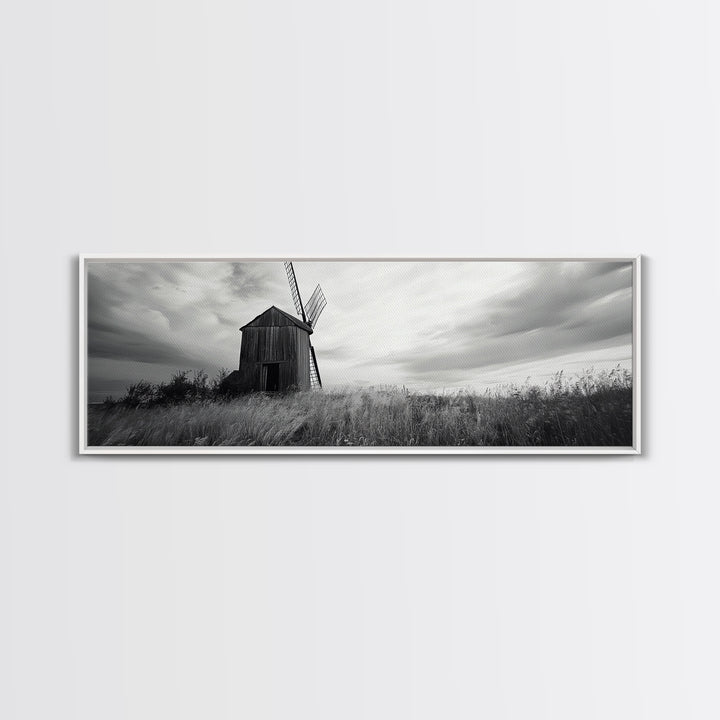 Rustic Windmill, panoramic art, farmhouse art, extra wide wall art, windmill wall art, landscape painting, framed canvas print