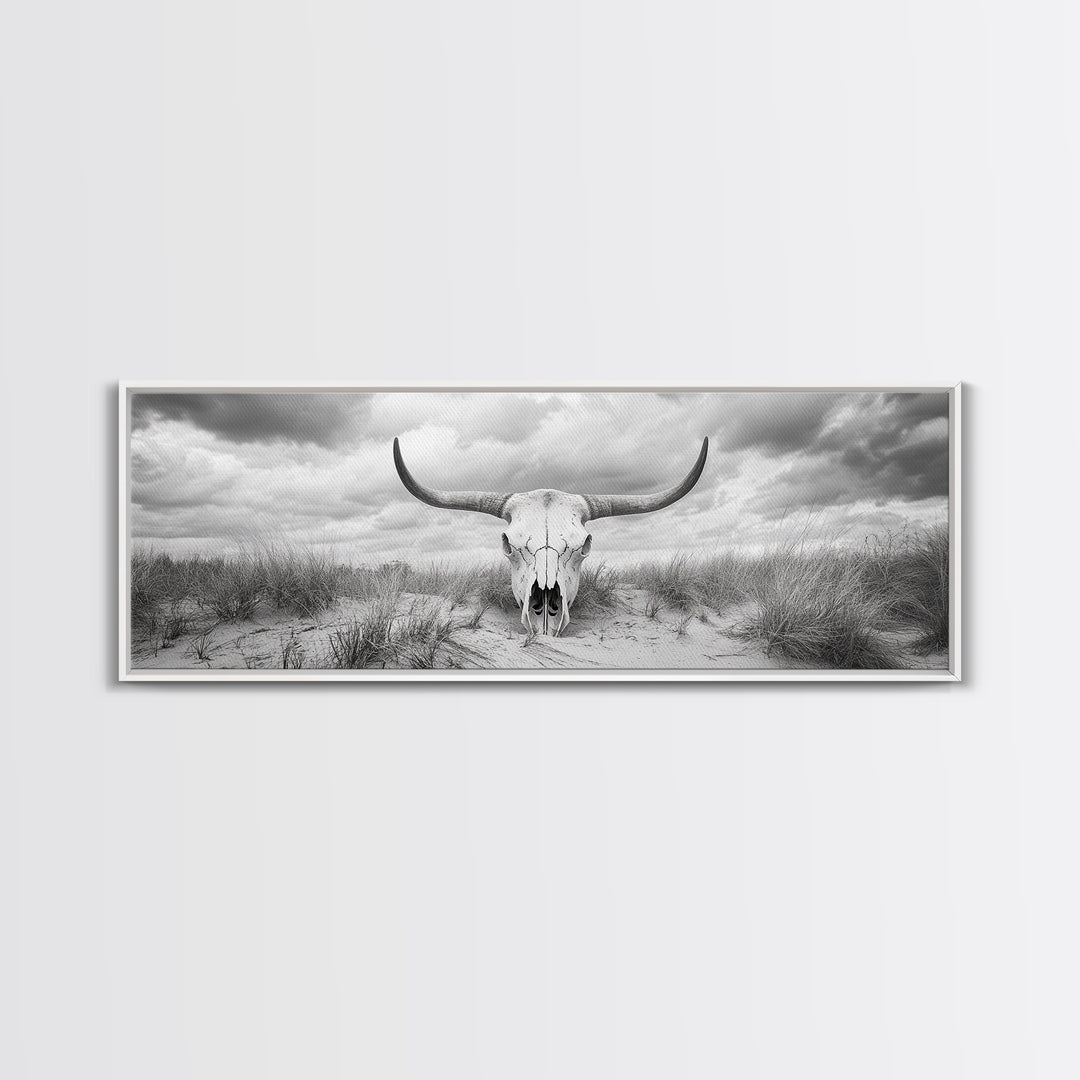 Longhorn Skull, skull art, western wall art, rustic decor, moody art, desert painting, farmhouse art, panoramic art, framed canvas print