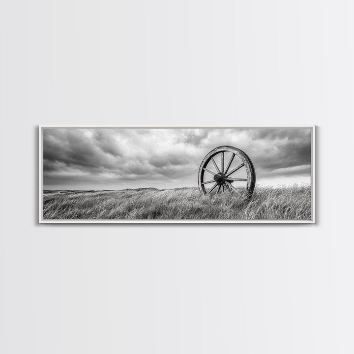Wagon Wheel, rustic decor, farmhouse art, extra wide art, panoramic painting, country decor, cowboy art, framed canvas print, moody art
