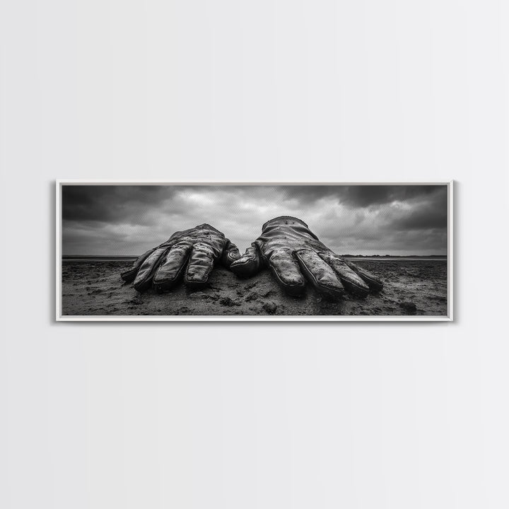 Leather Work Gloves, rustic wall art, moody art, wabi sabi art, extra wide art, panoramic art, farmhouse art, framed canvas print, cowboy art
