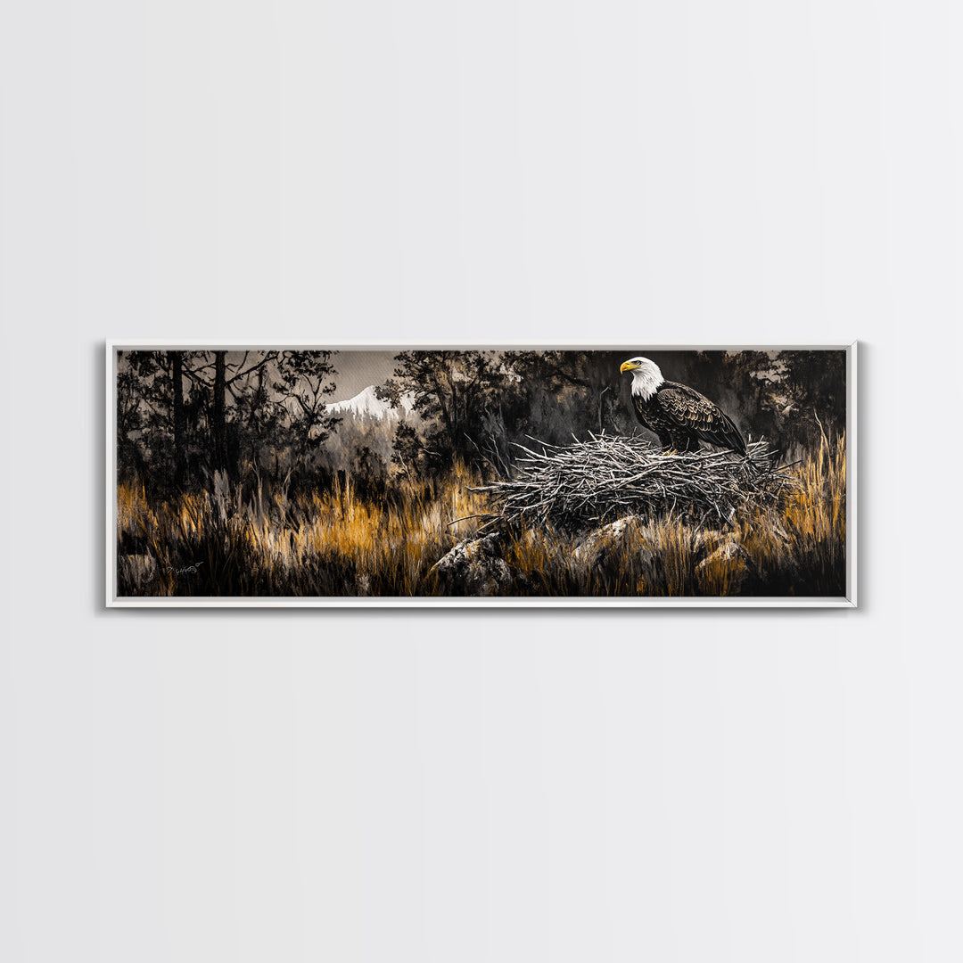 Bald Eagle, wildlife art, eagle painting, southwest wall art, rustic decor, panoramic painting, moody art, framed canvas print, above sofa art