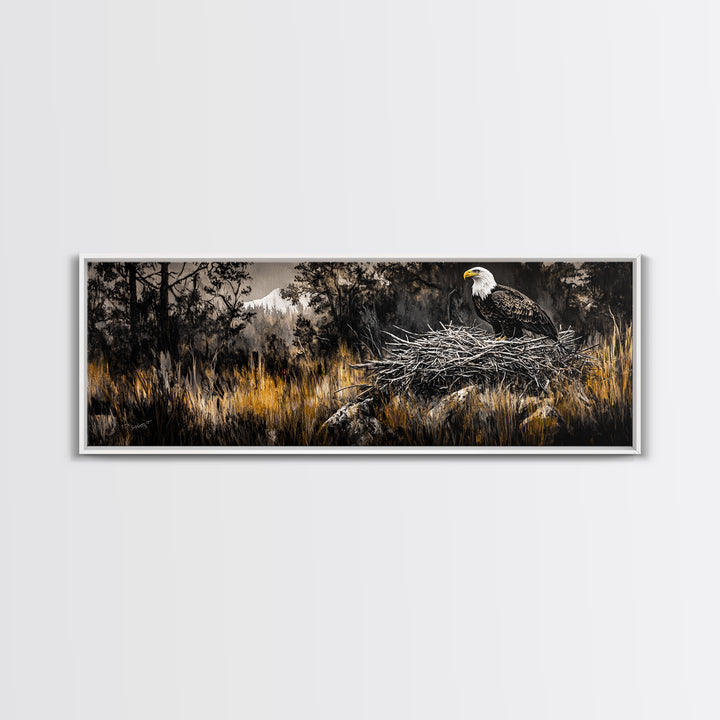 Bald Eagle, wildlife art, eagle painting, southwest wall art, rustic decor, panoramic painting, moody art, framed canvas print, above sofa art