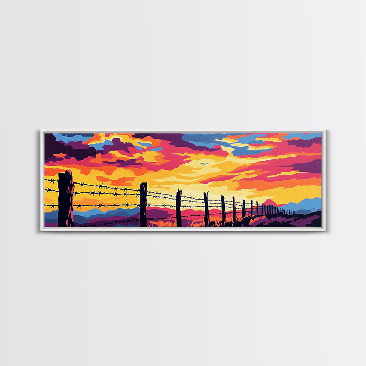 Barbed Wire Fence, southwest wall art, rustic decor, cowboy painting, panoramic art, long narrow wall art, framed canvas print, farmhouse art