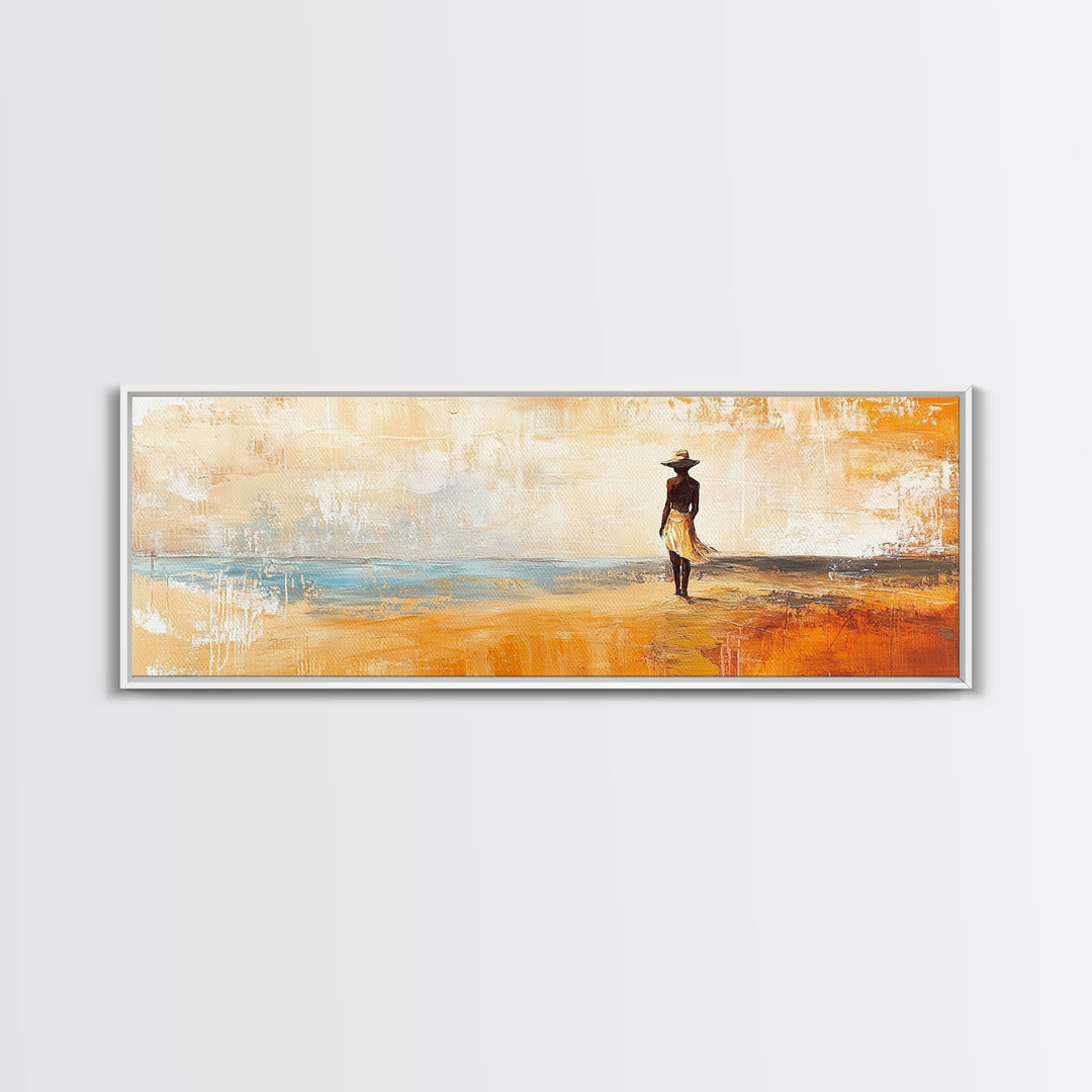 Desert Woman, African art, coastal wall art, rustic decor, minimalist painting, warm tones, framed canvas print, extra wide art