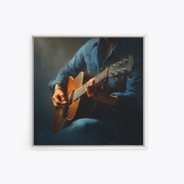 Musician Hands on Guitar Strings Canvas Print, Recording Studio Art, Music Wall Art, Studio Decor, Oil Painting, Analog, RSA-1x1-15