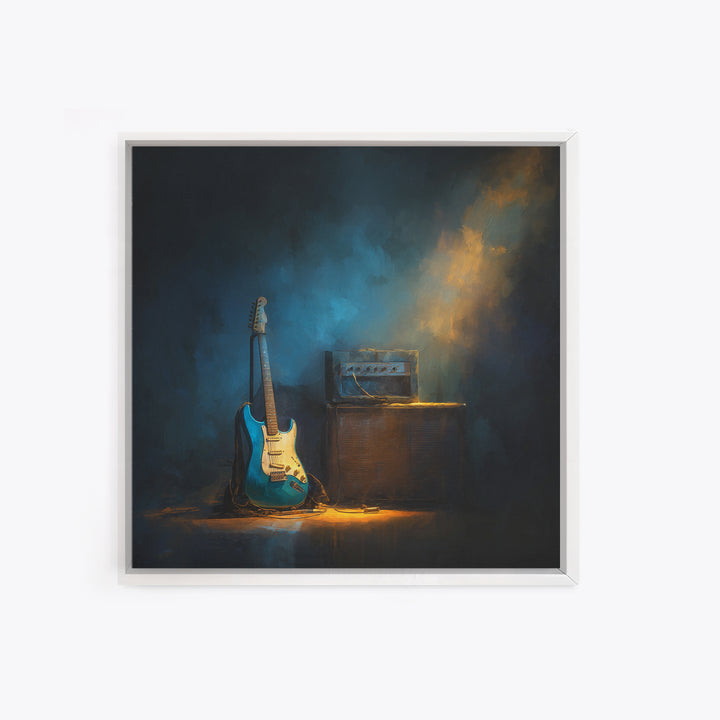 Electric Guitar Beside a Studio Amp Framed Canvas Print, Recording Studio Art, Wall Sculpture, Studio Decor, Oil Painting, RSA-1x1-28