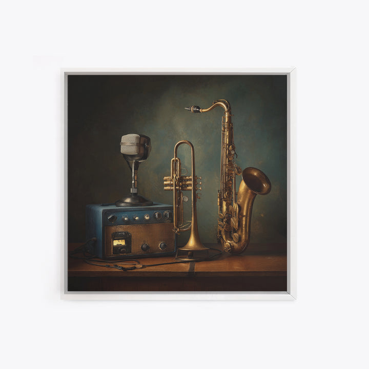 Jazz Trumpet and Microphone Still Life Canvas Print, Recording Studio Art, Unique Home Decor, Studio Decor, Fine Art, Analog, RSA-1x1-31