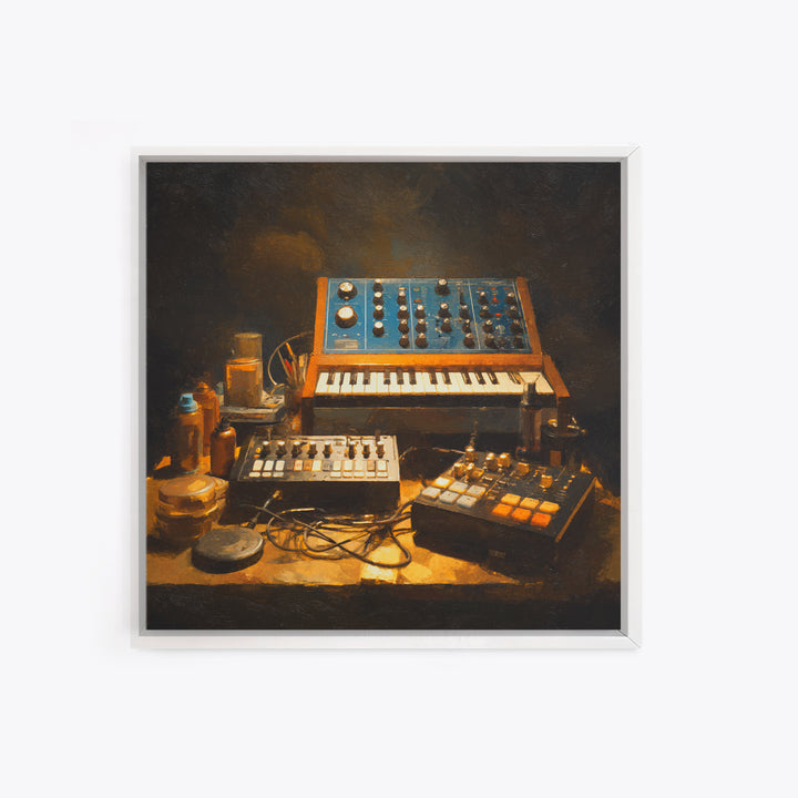 Analog Synthesizer Knobs and Cables Framed Canvas Print, Recording Studio Art, Downloadable Print, Studio Decor, Oil Painting, RSA-1x1-37
