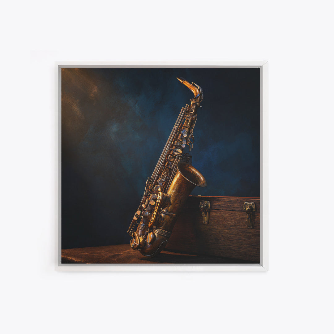 Brass Saxophone on Dark Velvet Framed Canvas Print, Recording Studio Art, Luxury Decor, Studio Decor, Fine Art, Analog, RSA-1x1-40