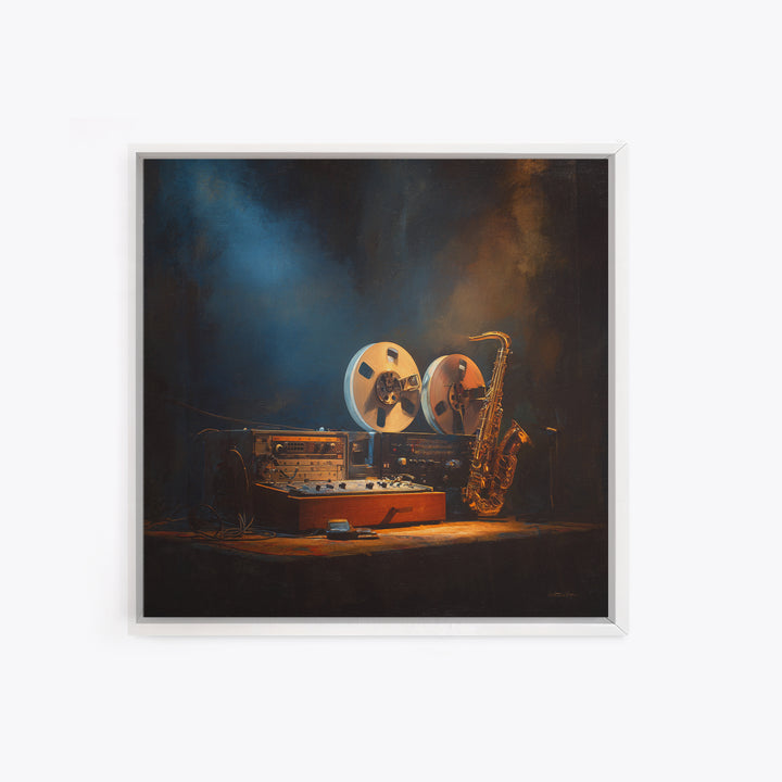 Tape Reels Spinning Through Smoky Light Canvas Print, Recording Studio Art, Black and White Art, Studio Decor, Analog, RSA-1x1-43