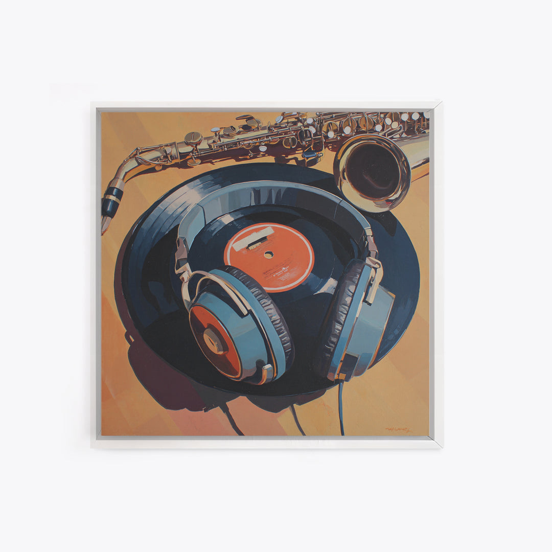 Headphones Resting on a Vinyl Record Canvas Print, Recording Studio Art, Headphones Poster, Studio Decor, Fine Art, Analog, RSA-1x1-5