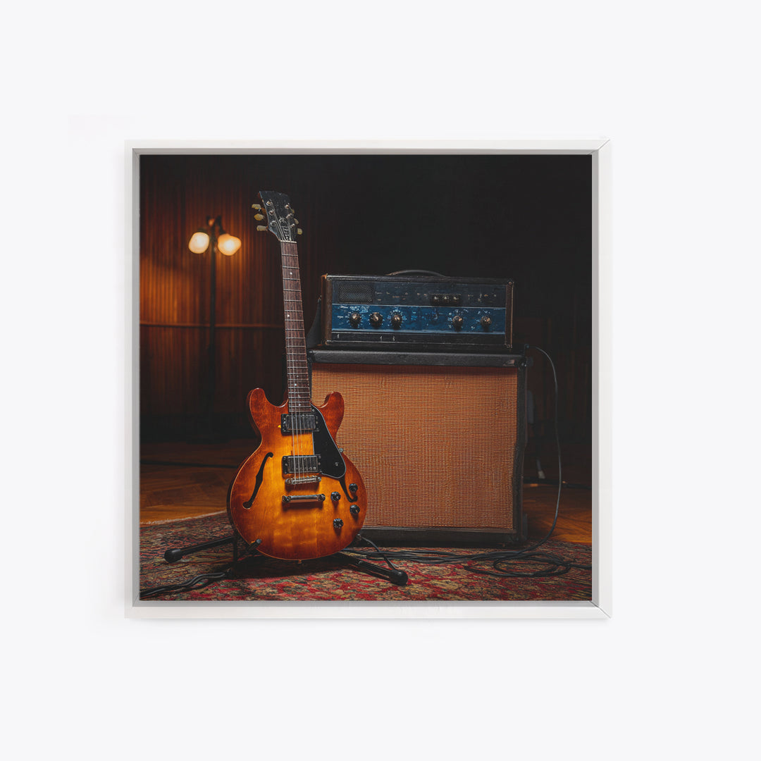 Electric Guitar Beside a Studio Amp Framed Canvas Print, Recording Studio Art, Music Decor, Studio Decor, Fine Art, Analog, RSA-1x1-52