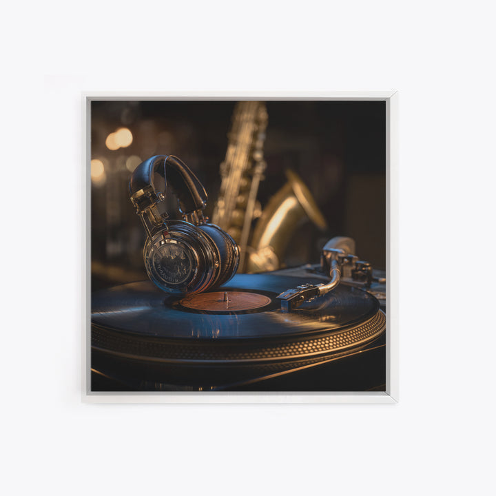 Headphones Resting on a Vinyl Record Framed Canvas Print, Recording Studio Art, Music Room Decor, Studio Decor, Analog, RSA-1x1-53