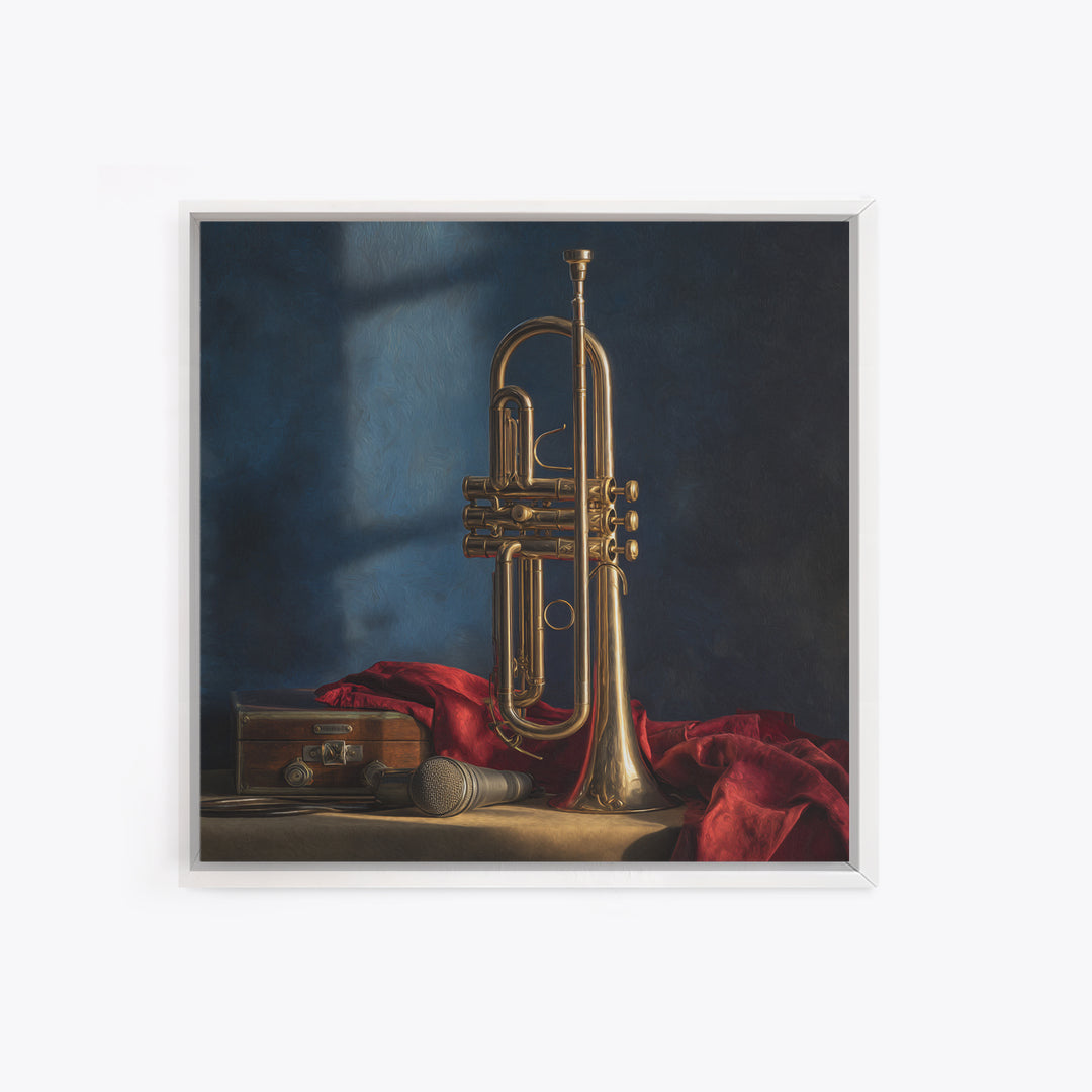 Jazz Trumpet and Microphone Still Life Framed Canvas Print, Recording Studio Art, Retro Wall Art, Studio Decor, Analog, RSA-1x1-7