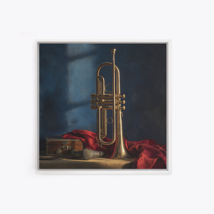 Jazz Trumpet and Microphone Still Life Framed Canvas Print, Recording Studio Art, Retro Wall Art, Studio Decor, Analog, RSA-1x1-7