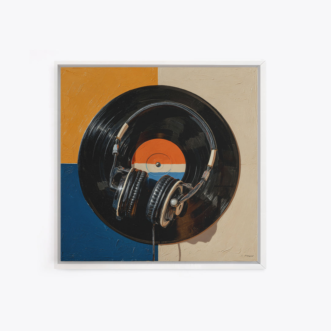 Headphones Resting on a Vinyl Record Canvas Print, Recording Studio Art, Modern Decor, Studio Decor, Fine Art, Analog, RSA-1x1-77