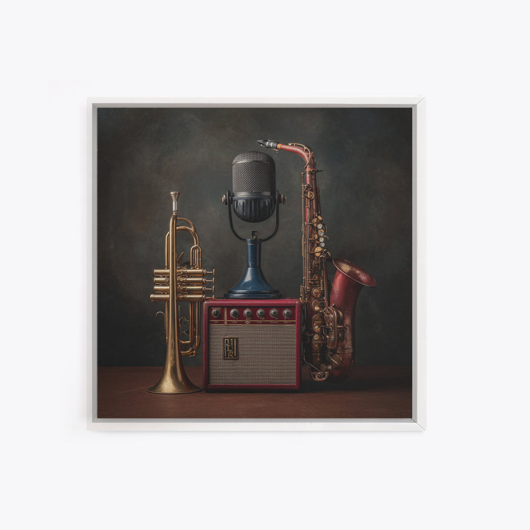 Jazz Trumpet and Microphone Still Life Framed Canvas Print, Recording Studio Art, Gallery Decor, Studio Decor, Oil Painting, RSA-1x1-79