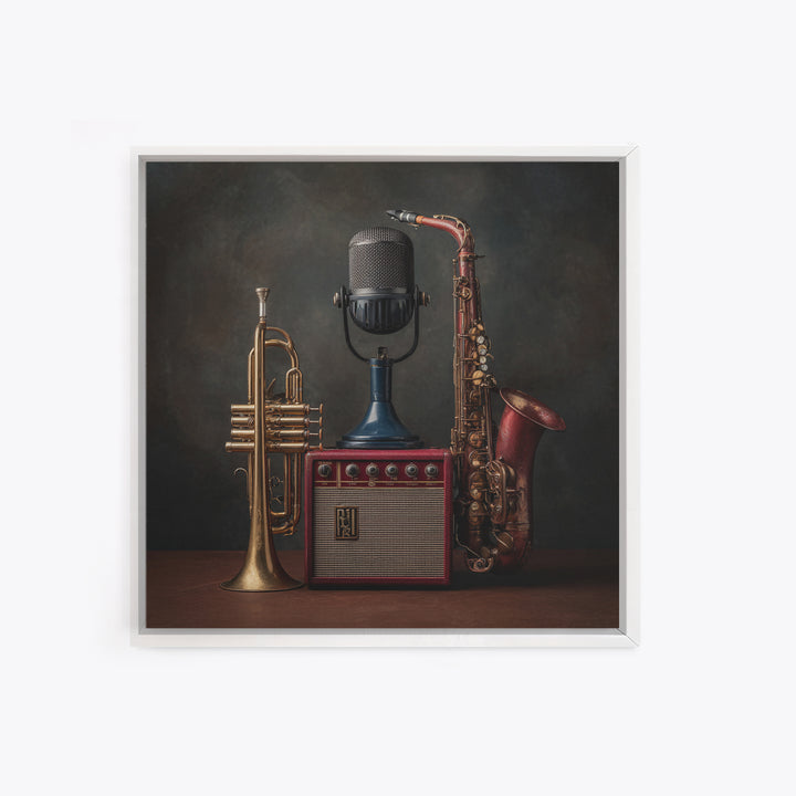 Jazz Trumpet and Microphone Still Life Framed Canvas Print, Recording Studio Art, Gallery Decor, Studio Decor, Oil Painting, RSA-1x1-79