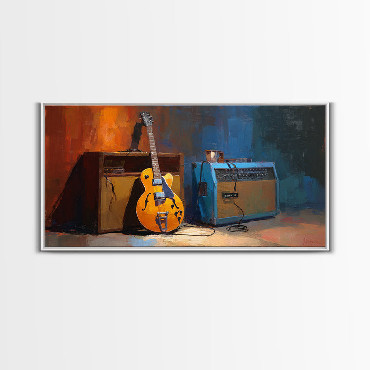 Electric Guitar Beside a Studio Amp Framed Canvas Print, Recording Studio Art, Textured Painting, Studio Decor, Analog, RSA-2x1-24