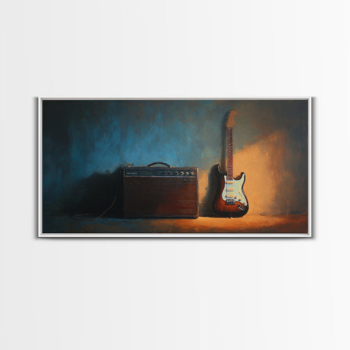 Electric Guitar Beside a Studio Amp Framed Canvas Print, Recording Studio Art, Dtf Prints, Studio Decor, Fine Art, Analog, RSA-2x1-72