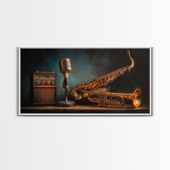 Jazz Trumpet and Microphone Still Life Framed Canvas Print, Recording Studio Art, Neutral Decor, Studio Decor, Fine Art, Analog, RSA-2x1-75
