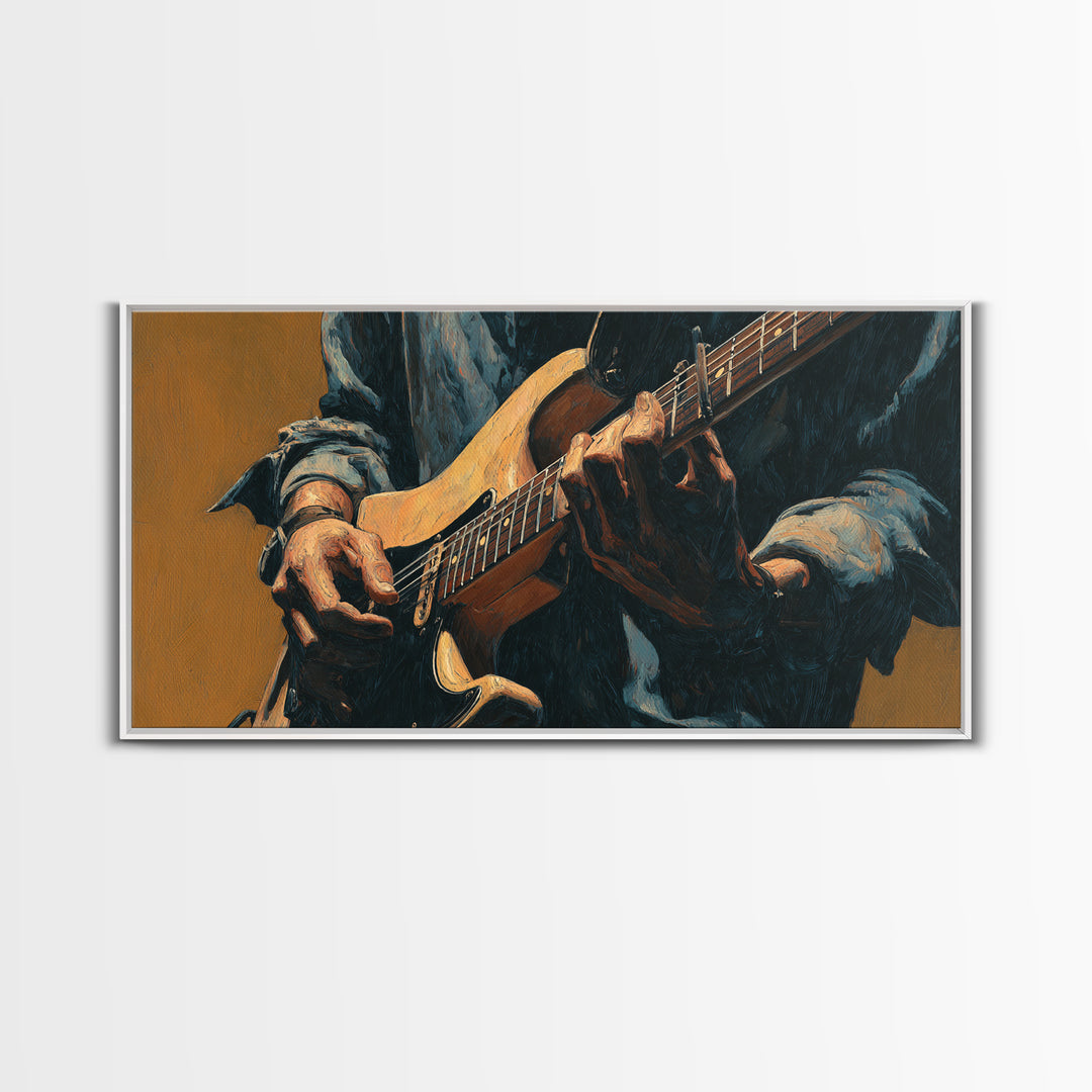 Musician Hands on Guitar Strings Framed Canvas Print, Recording Studio Art, Room Decor, Studio Decor, Fine Art, Analog, RSA-2x1-83