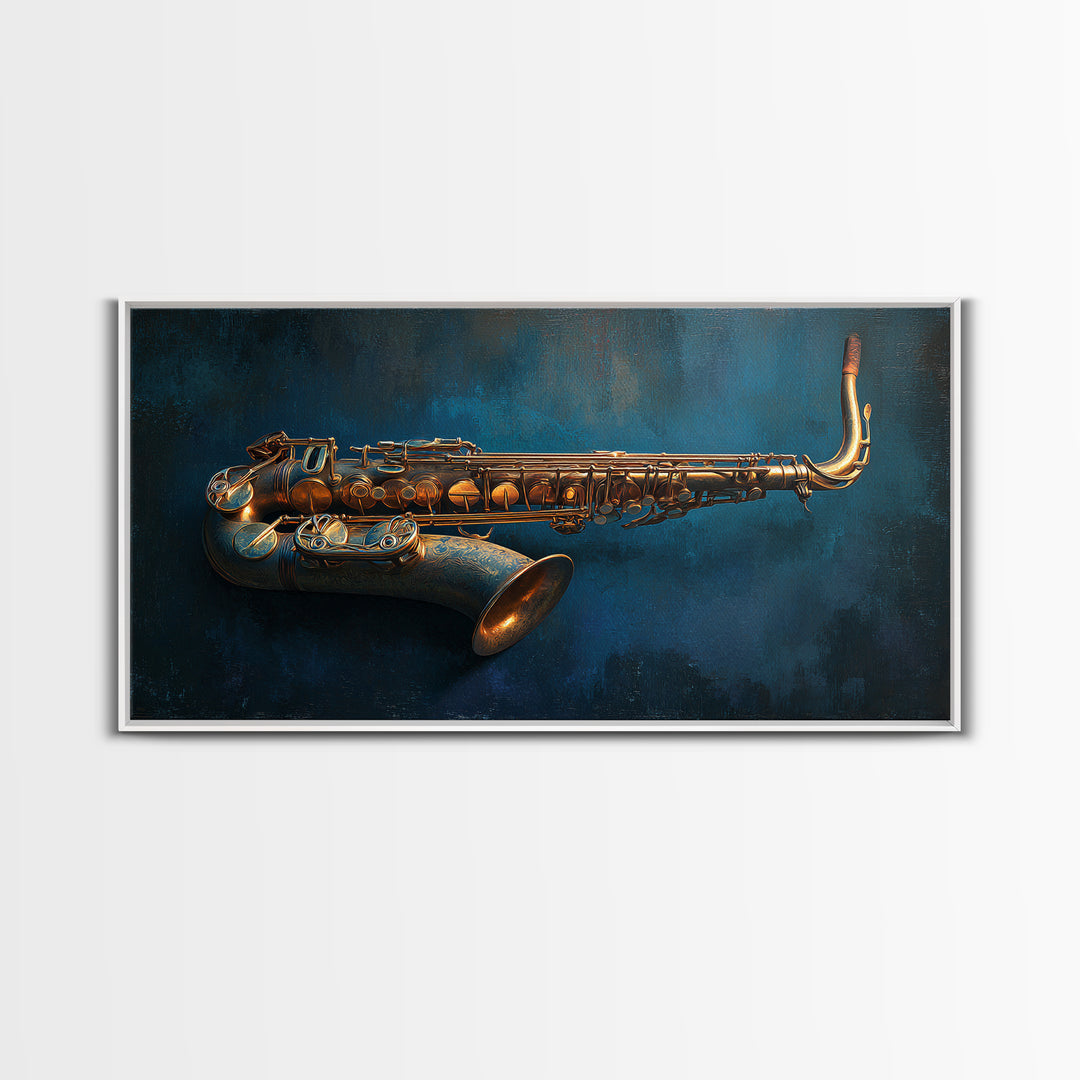 Brass Saxophone on Dark Velvet Framed Canvas Print, Recording Studio Art, Kids Room Art, Studio Decor, Fine Art, Analog, RSA-2x1-84
