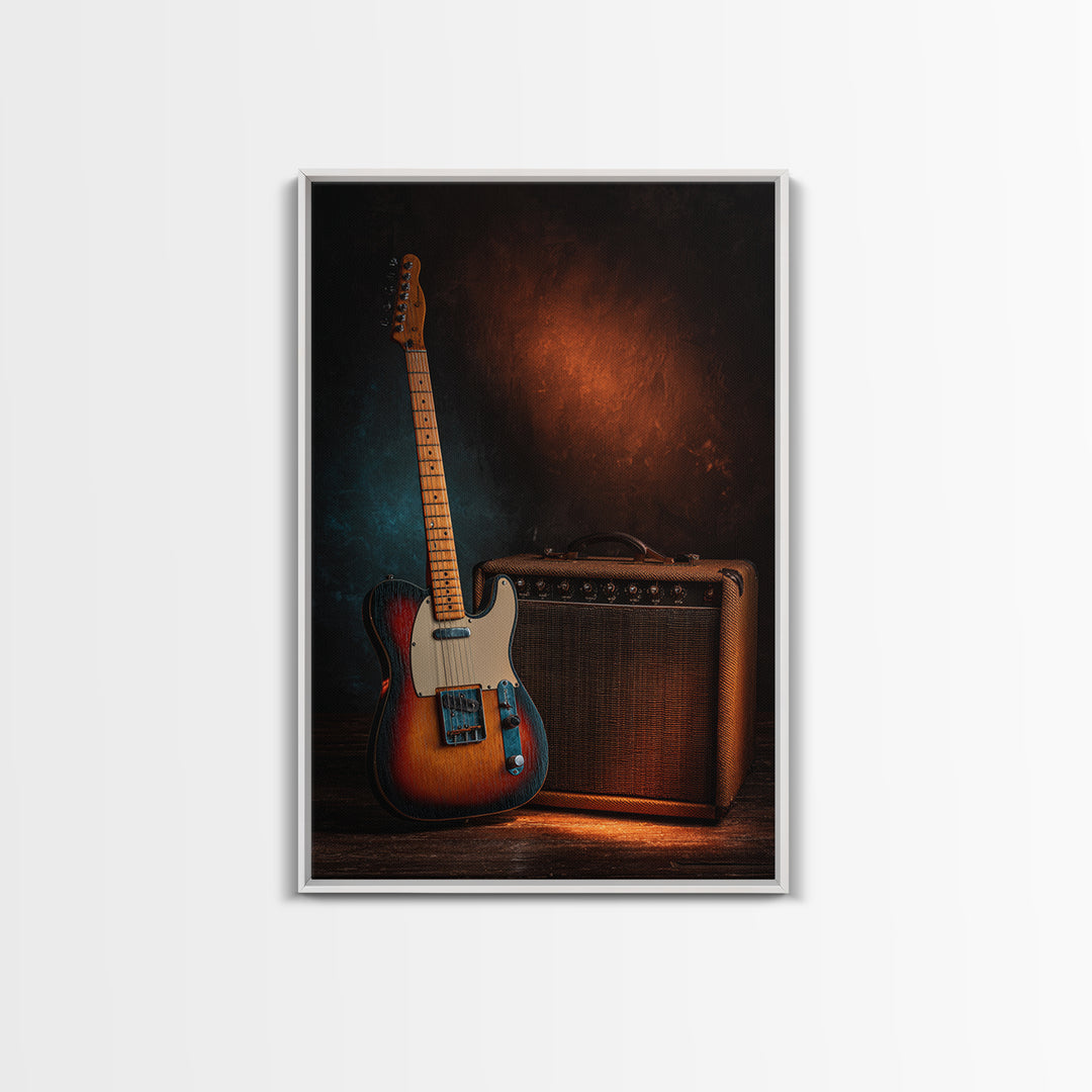 Electric Guitar Beside a Studio Amp Framed Canvas Print, Recording Studio Art, Fine Art Print, Studio Decor, Oil Painting, RSA-2x3-12