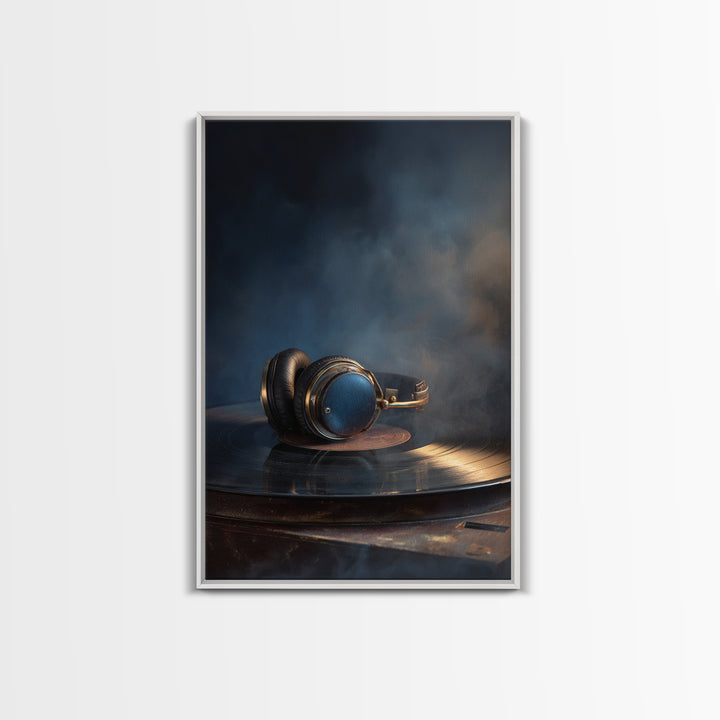 Headphones Resting on a Vinyl Record Framed Canvas Print, Recording Studio Art, Room Decor, Studio Decor, Fine Art, Analog, RSA-2x3-13