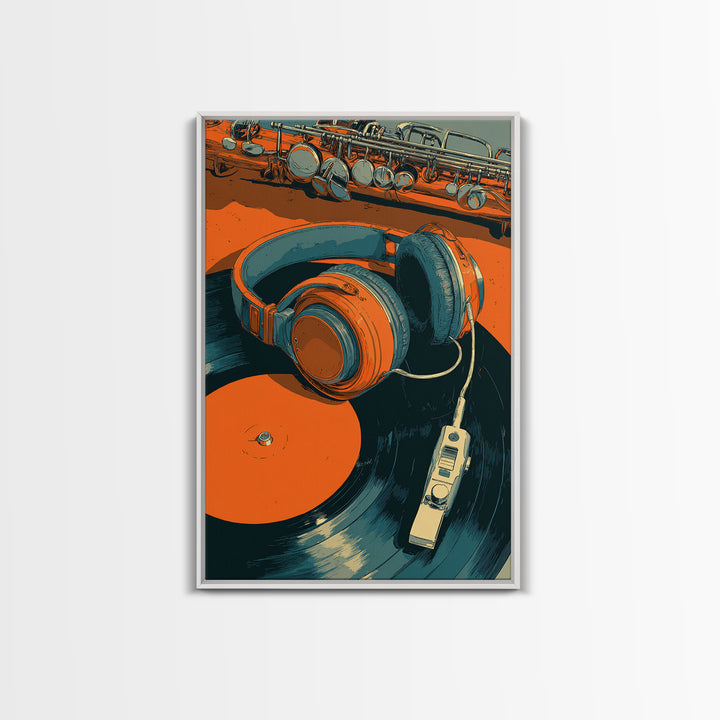 Headphones Resting on a Vinyl Record Framed Canvas Print, Recording Studio Art, Room Decor, Studio Decor, Fine Art, Analog, RSA-2x3-37