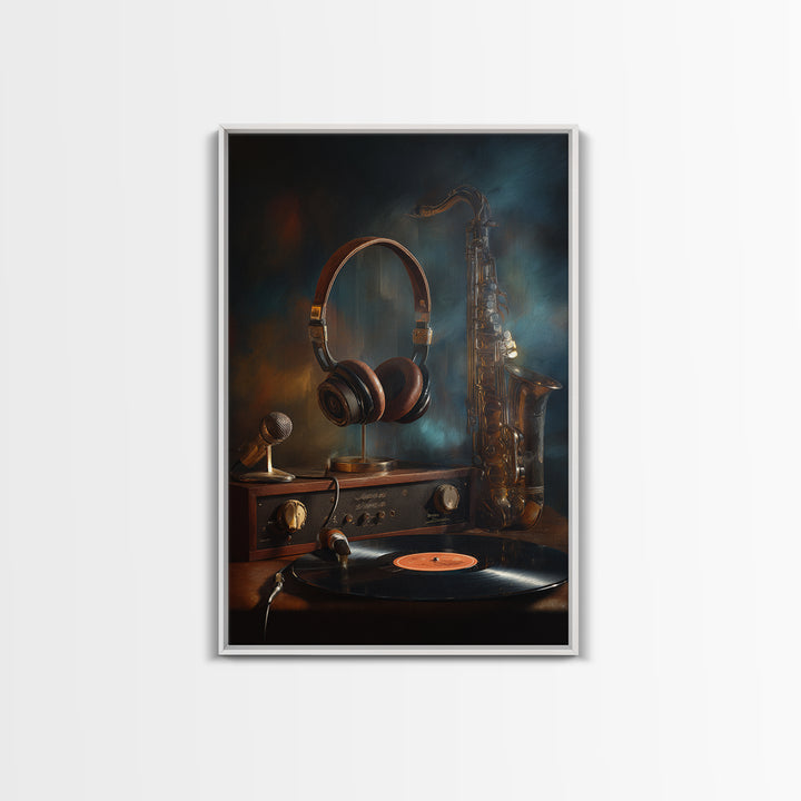 Headphones Resting on a Vinyl Record Framed Canvas Print, Recording Studio Art, Wall Sculpture, Studio Decor, Fine Art, Analog, RSA-2x3-85