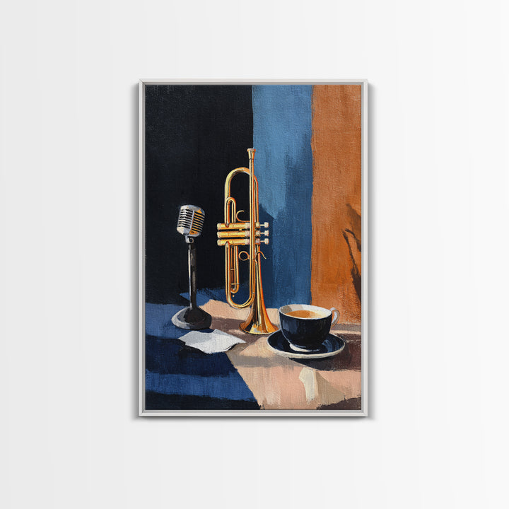 Jazz Trumpet and Microphone Still Life Framed Canvas Print, Recording Studio Art, Printable Art, Studio Decor, Fine Art, Analog, RSA-2x3-87