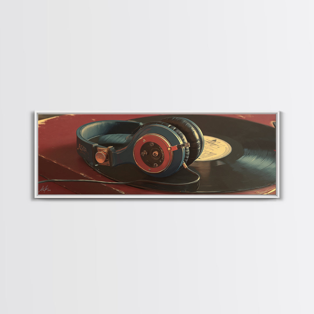Headphones Resting on a Vinyl Record Canvas Print, Recording Studio Art, Digital Download Art, Studio Decor, Fine Art, Analog, RSA-3x1-45