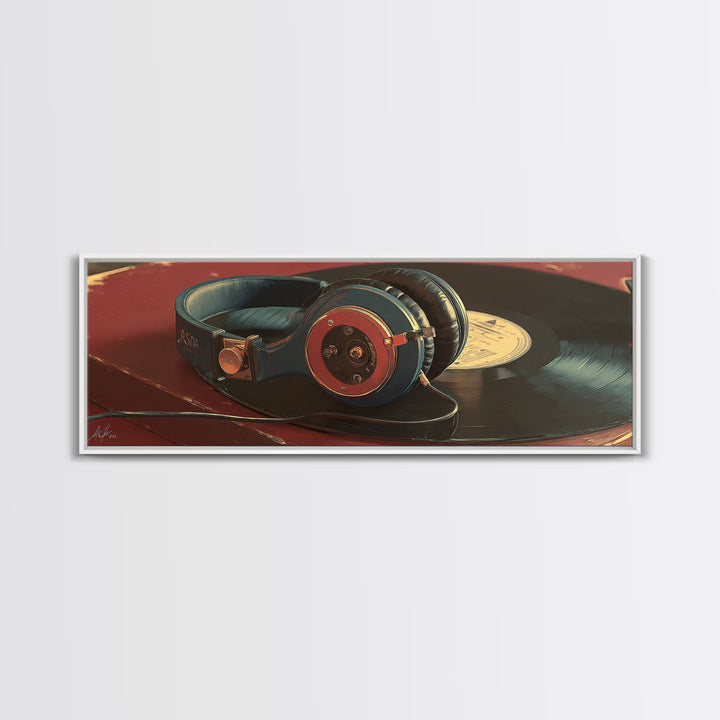 Headphones Resting on a Vinyl Record Canvas Print, Recording Studio Art, Digital Download Art, Studio Decor, Fine Art, Analog, RSA-3x1-45