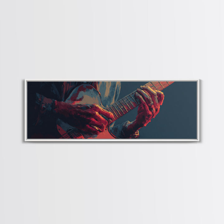Musician Hands on Guitar Strings Framed Canvas Print, Recording Studio Art, Wall Sculpture, Studio Decor, Oil Painting, Analog, RSA-3x1-79
