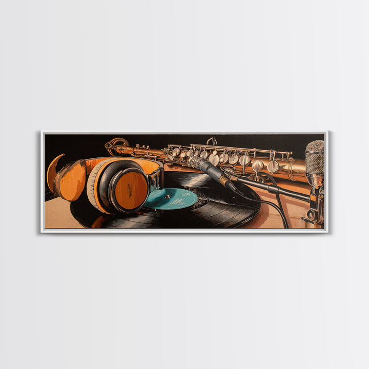 Headphones Resting on a Vinyl Record Canvas Print, Recording Studio Art, Musician Posters, Studio Decor, Fine Art, Analog, RSA-3x1-93