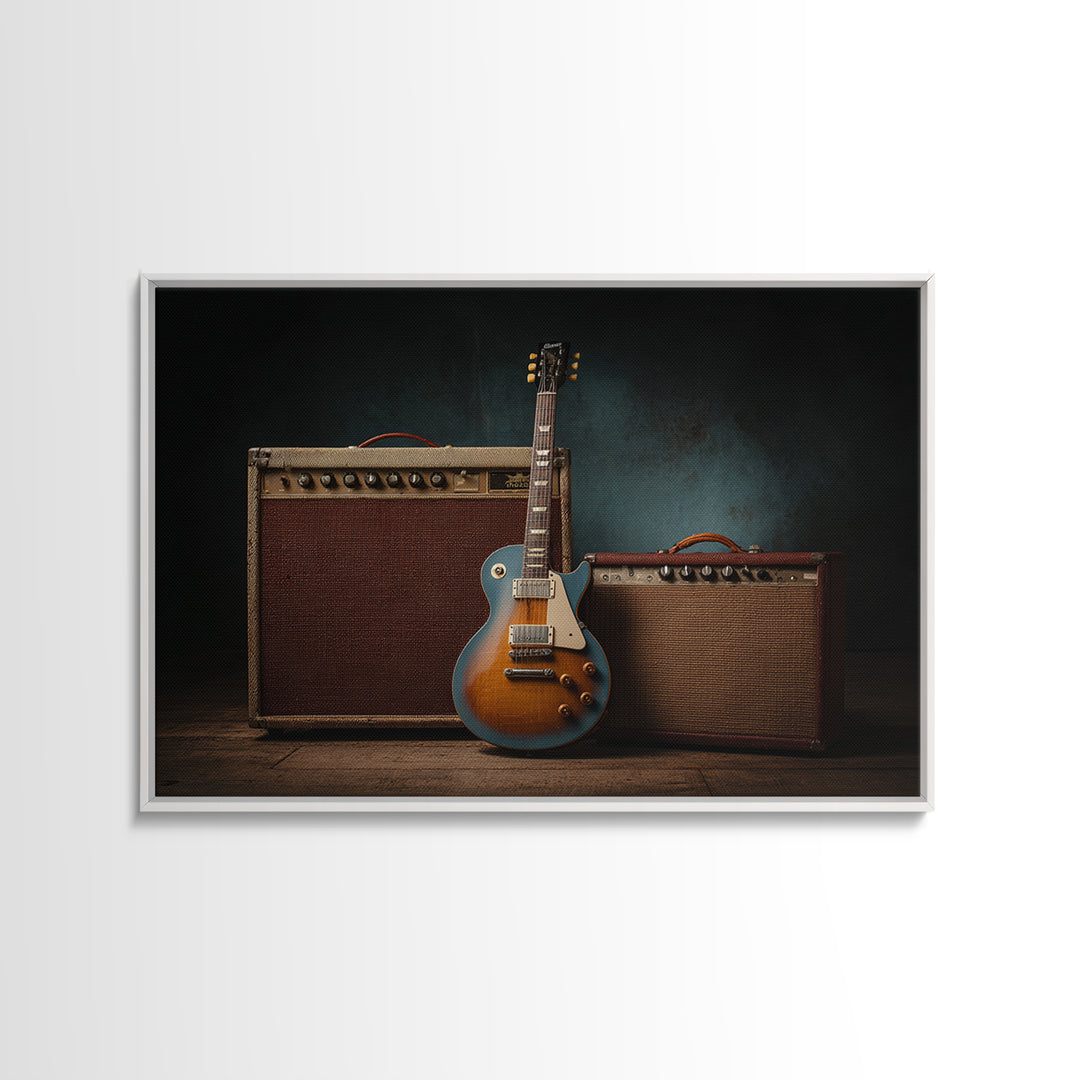 Electric Guitar Beside a Studio Amp Canvas Print, Recording Studio Art, Dtf Print, Studio Decor, Analog, Gallery Decor, RSA-3x2-56