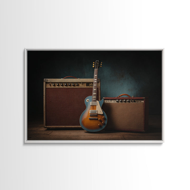 Electric Guitar Beside a Studio Amp Canvas Print, Recording Studio Art, Dtf Print, Studio Decor, Analog, Gallery Decor, RSA-3x2-56